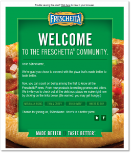 Sample welcome email from Freschetta