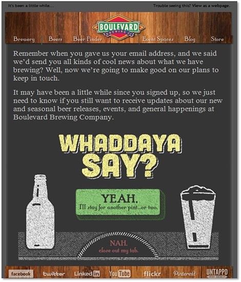 Boulevard Brewing re-permission email example.