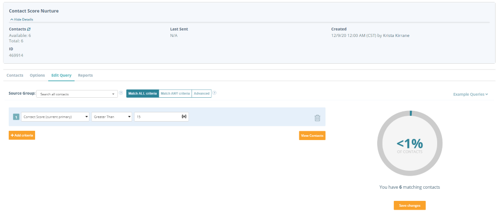 b2b marketing automation platform screen shot of contact score nurture dashboard.