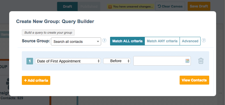 Healthcare email marketing platform screen shot of the query builder.