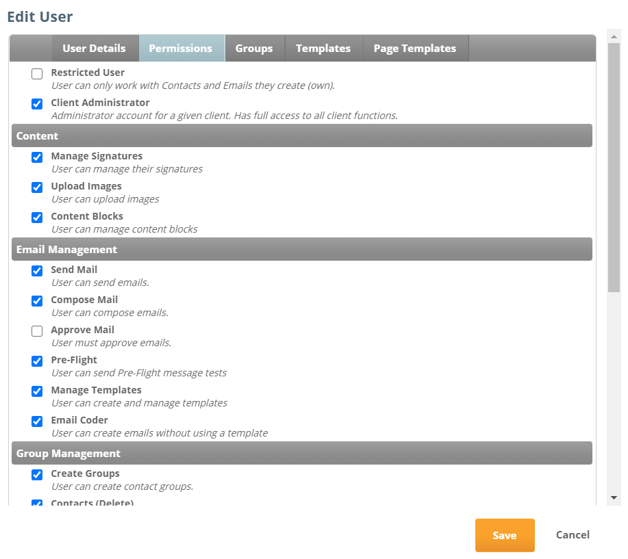 higher education email marketing platform screen shot of editing user permissions.