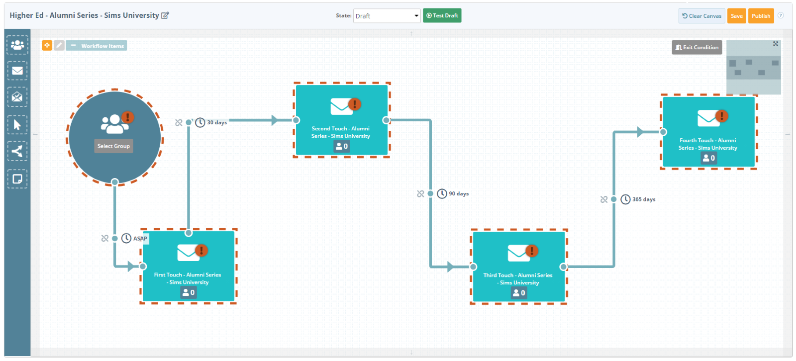 higher education email marketing platform screen shot of an alumni drip series workflow.