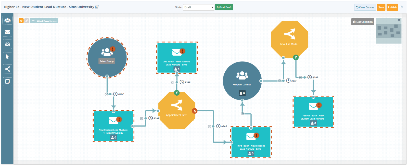 higher education email marketing platform screen shot of a new student lead nurture series.