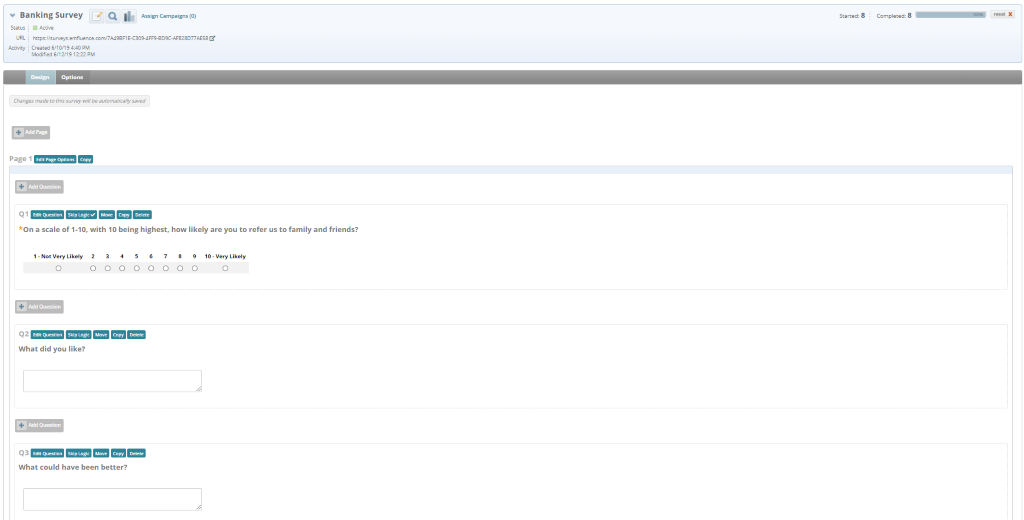 financial services marketing automation platform screen shot of the survey builder