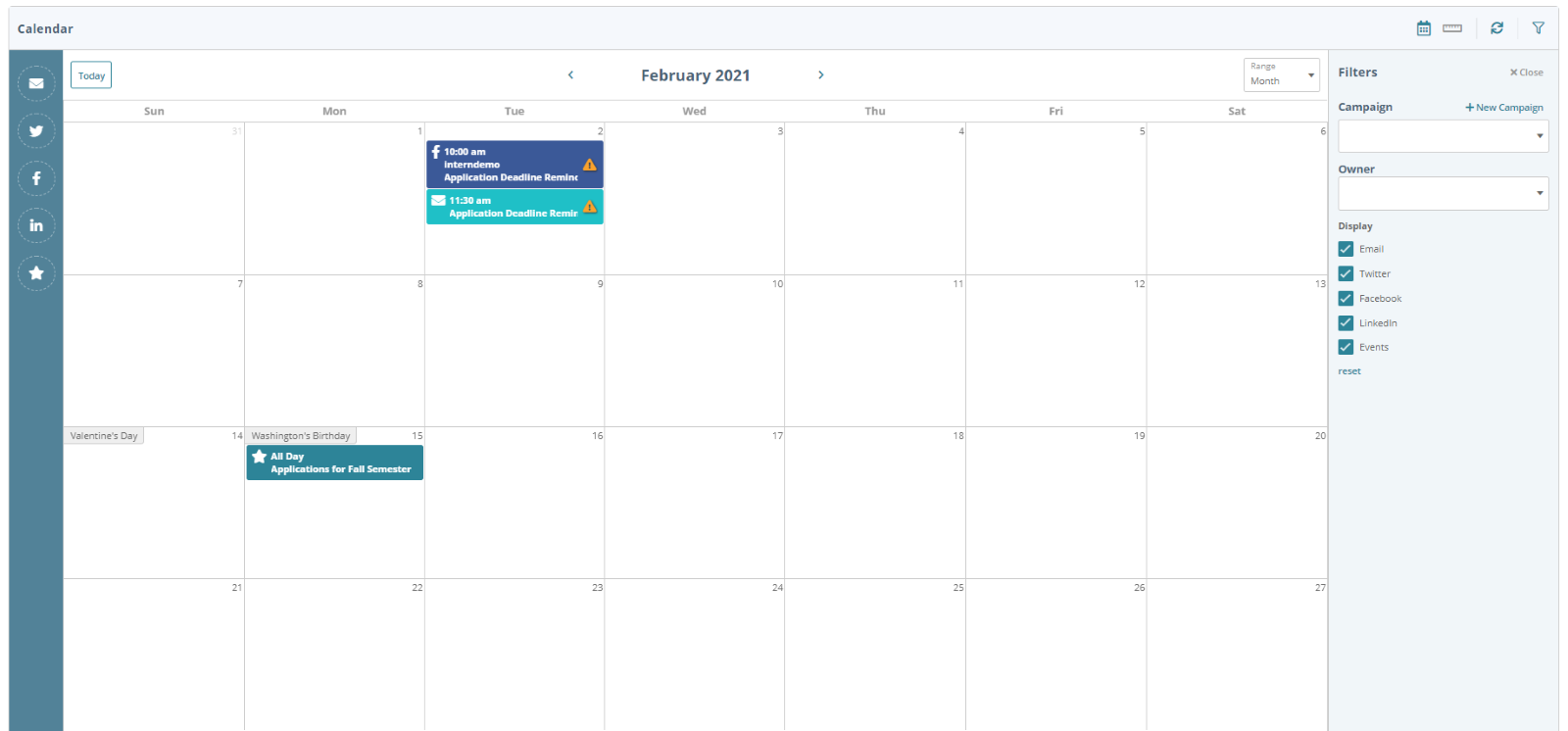 higher education marketing automation platform screen shot of the content calendar.