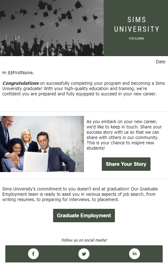 Higher education email marketing example.