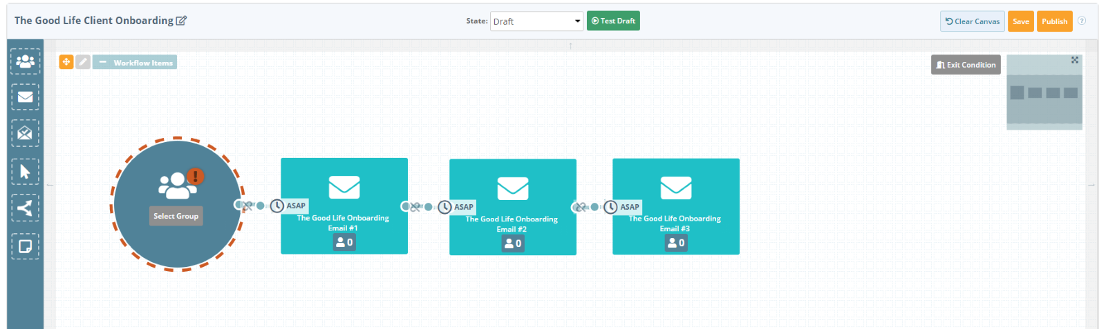 Insurance email marketing platform screen shot of the nurture series workflow builder