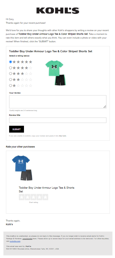 Image of an email from Kohl's asking for feedback on a recent purchase