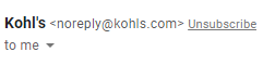Image snippet from an email with the from name Kohl's and from email address noreply@kohls.com