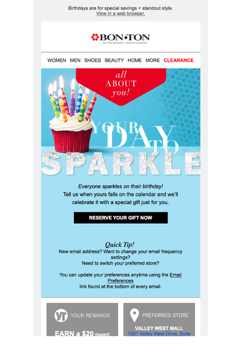 Bonton Birthday milestone email