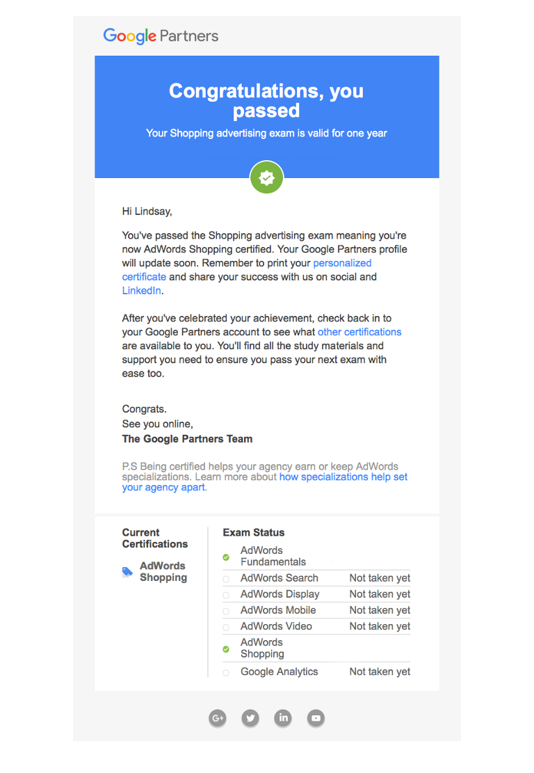 Google certification milestone email