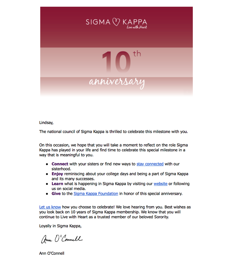 Sigma Kappa Anniversary milestone email