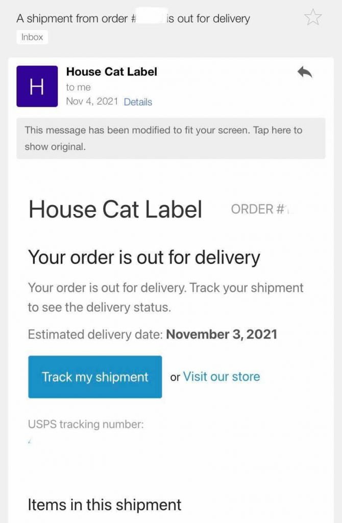 House Cat Label transactional email example