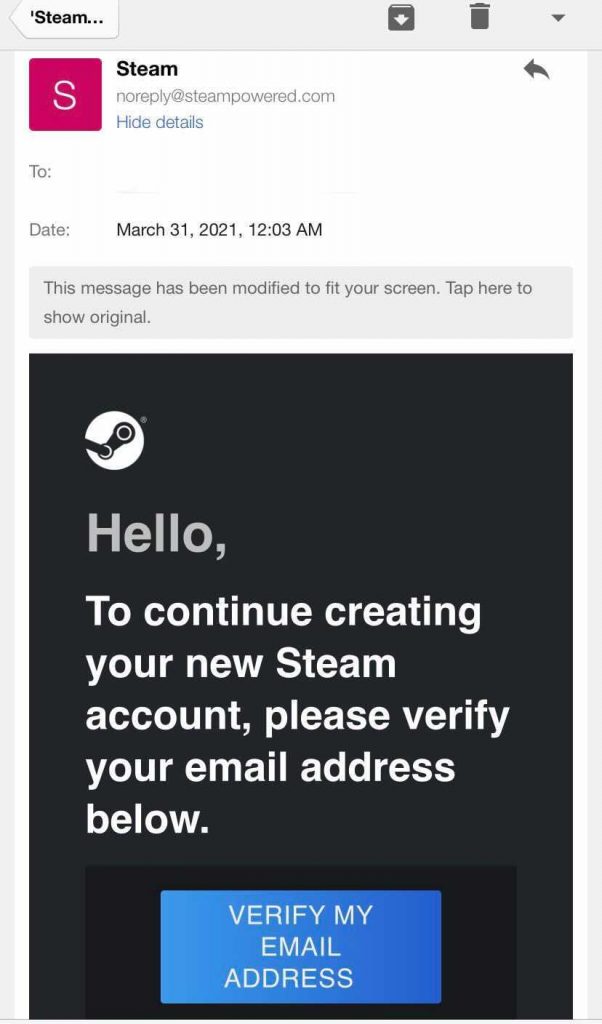 Steam transactional email example