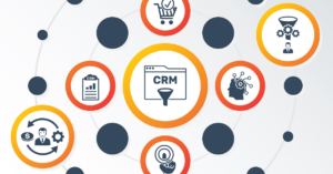 Illustration of a cylindrical diagram with solid dark gray circles and icons depicting CRM and steps along the customer journey encircled by a orange/red gradient
