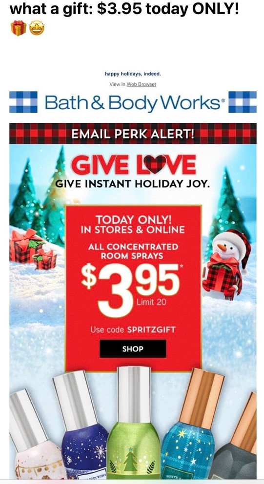 Screen capture of a Bath & Body Works email advertising $3.95 Concentrated Room Sprays with a holiday themed background and an image of bottles of different scented room sprays.