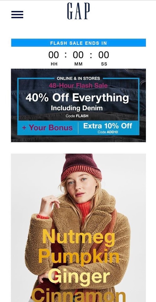 Screen capture of a GAP email advertising a 48-hour flash sale with a countdown timer and an image of a woman in a tan colored fleece coat and dark red stocking cap with the words "Nutmeg, Pumpkin, Ginger, Cinnamon" laid over the photo in fall colors.