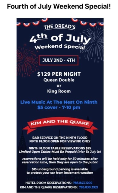 Screen capture of an email from the Oread Hotel featuring their 4th of July Weekend Special with a dark blue background, red, white and blue accents, and patriotic banners and fireworks.
