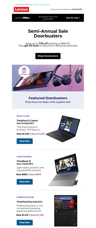 A Lenovo email advertising their semi-annual sale with sparse and spaced out text accompanying images of the laptops they are selling.