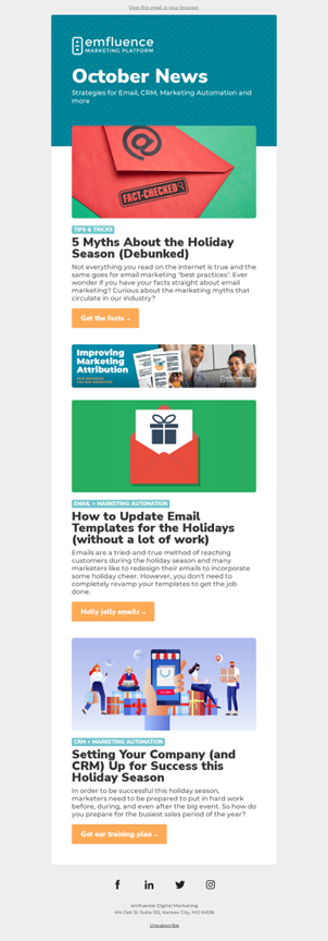 emfluence October email newsletter depicting a layout with headers, images, text and buttons for each piece of content being promoted.