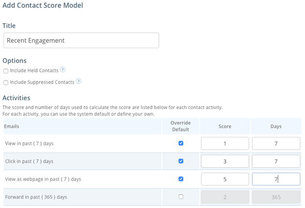 Set up of a Contact Score Model in the emfluence Marketing Platform called "Recent Engagement" showing points assigned to email views, clicks, views as webpages and forwards in the past seven days.