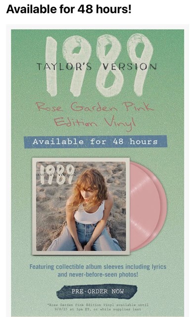 Subject line reads "Available for 48 hours!" followed by the rendering of an email promoting Taylor Swift's 1989 (Taylor's Version) collectible album pre-order. Light green background with rose, white and blue text and image of the 1989 vinyl album cover.